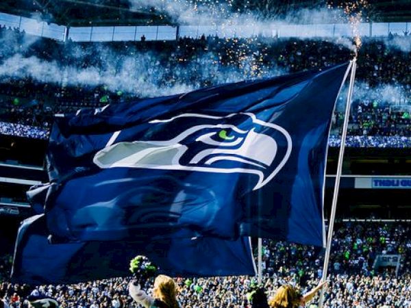A large flag with a seahawk emblem waves at a crowded sports stadium, surrounded by cheering fans and smoke effects.